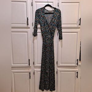 Maude Retro Teal Blue Black Brown Pattern Maxi Dress Wrap Vneck
